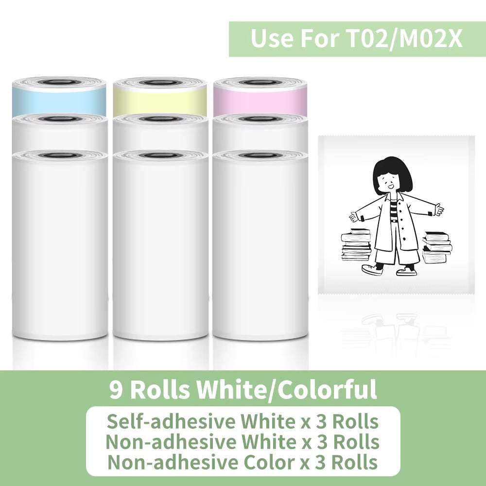 Self-adhesive thermal paper rolls in white, blue, yellow, and pink for Portable Printer with black printed illustration labels.