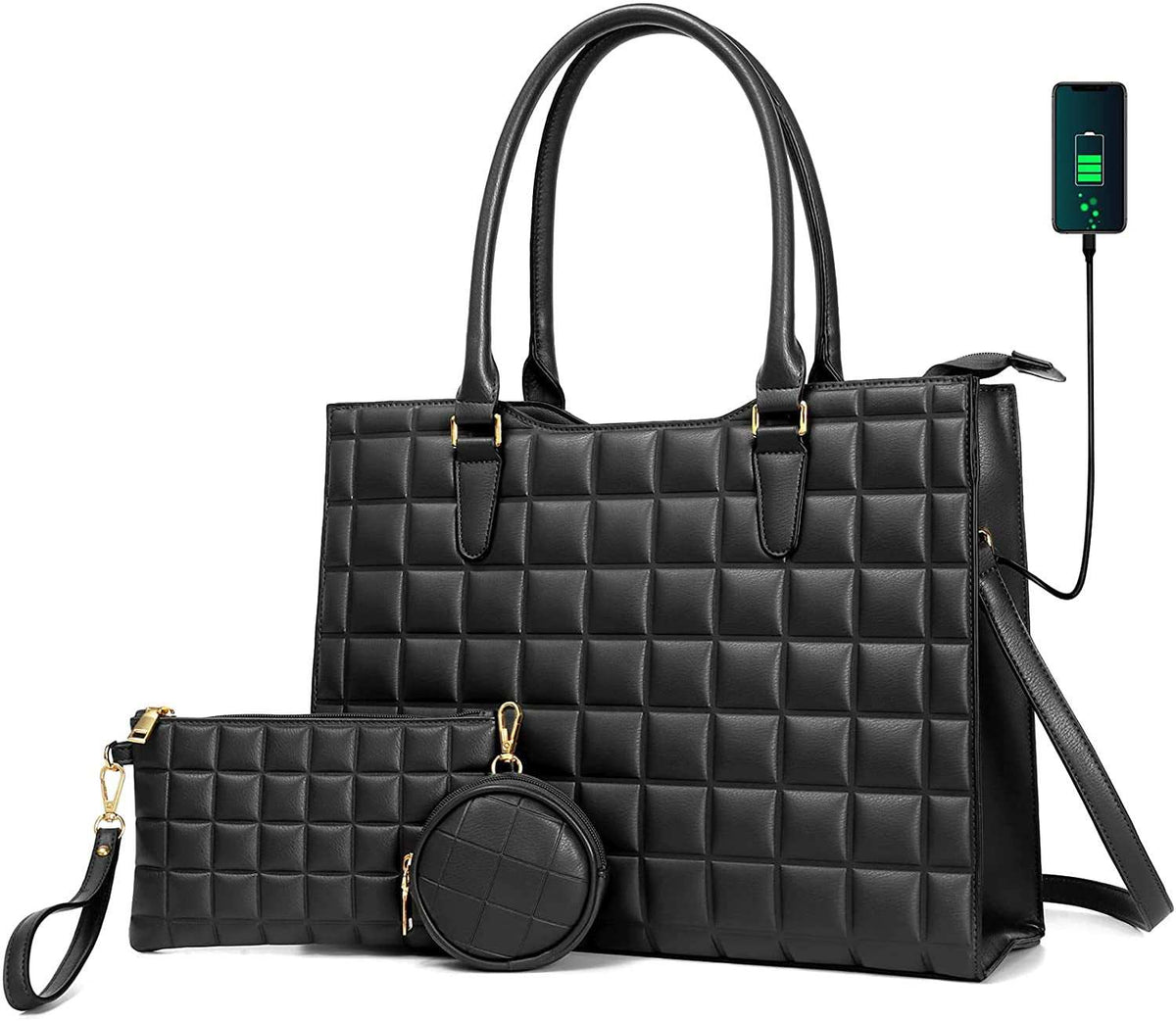 Laptop Tote Bag for Women in black waterproof PU leather with quilted pattern, includes detachable strap, pouch, and round purse with built-in USB charging port.