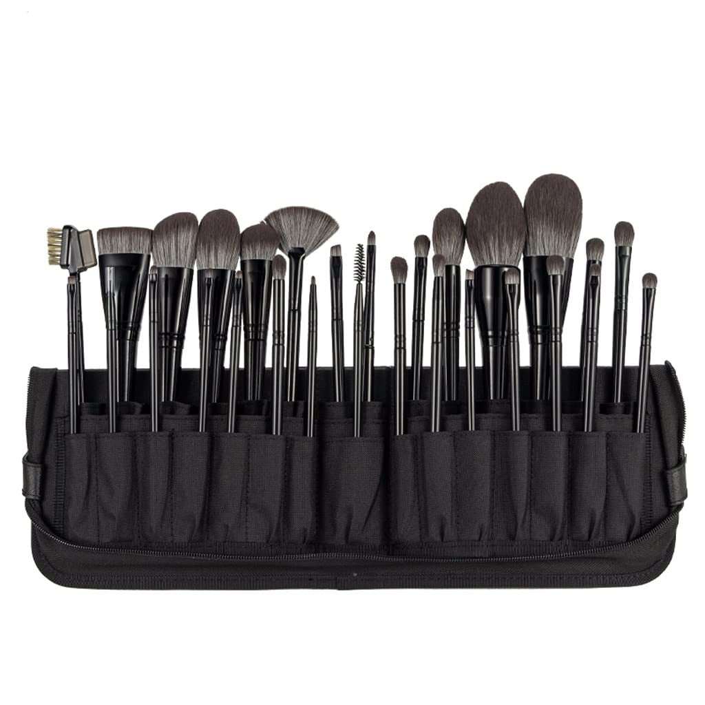 Makeup Brushes Set with black synthetic hair bristles and black handles, arranged in a black fabric roll-up case.