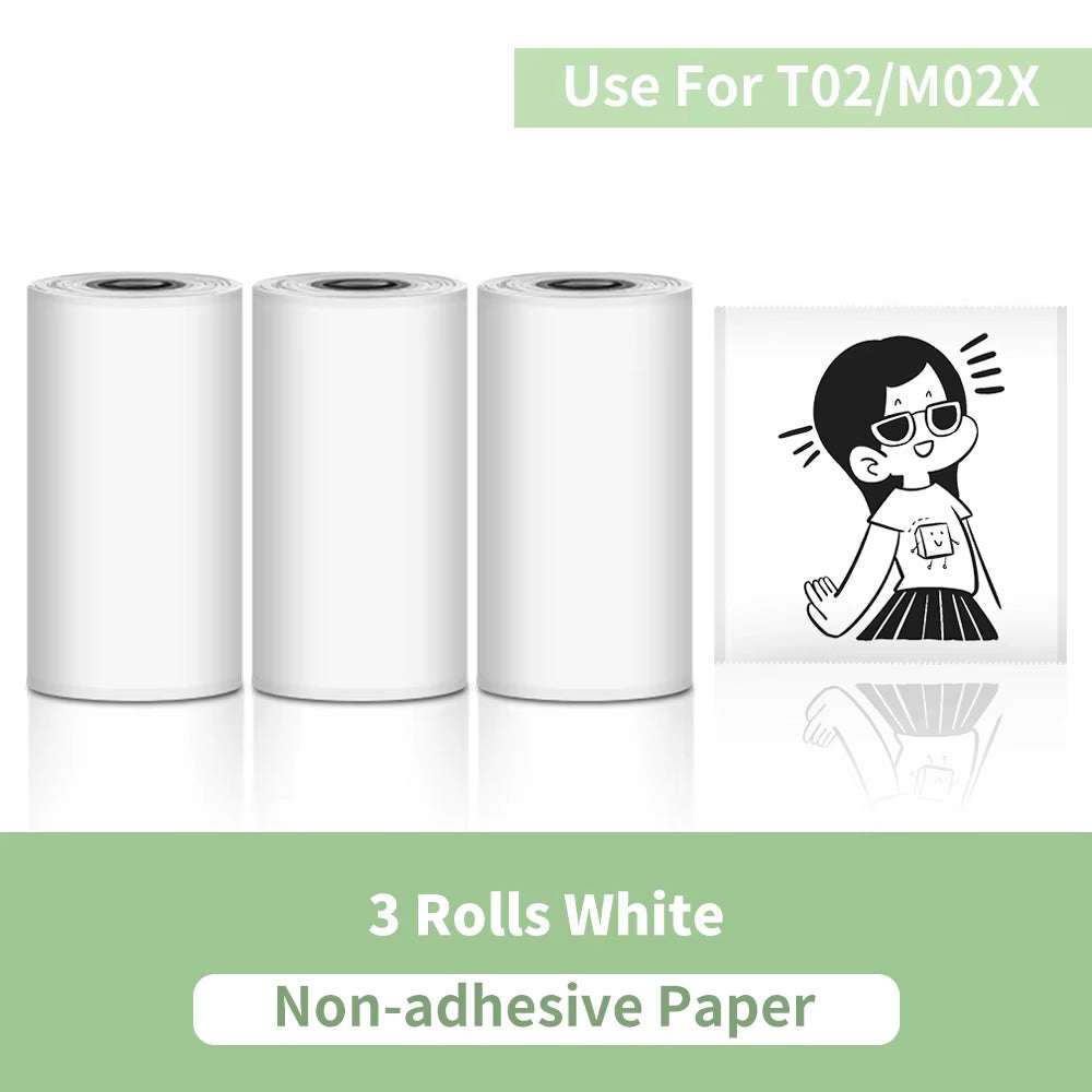 Thermal non-adhesive white paper rolls set for Portable Printer, compatible with T02/M02X series, pack of three.