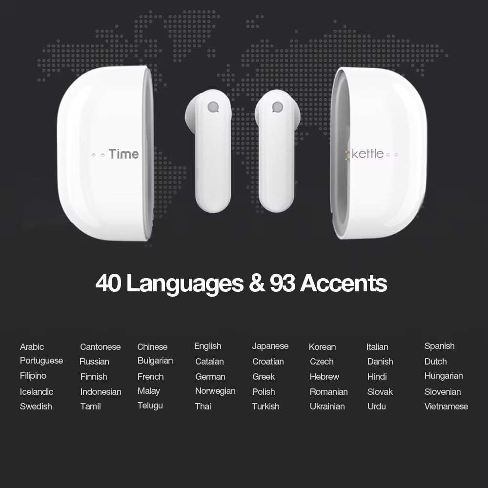 Timekettle M2 wireless translator earbuds in white with a sleek charging case, supporting 40 languages and 93 accents.